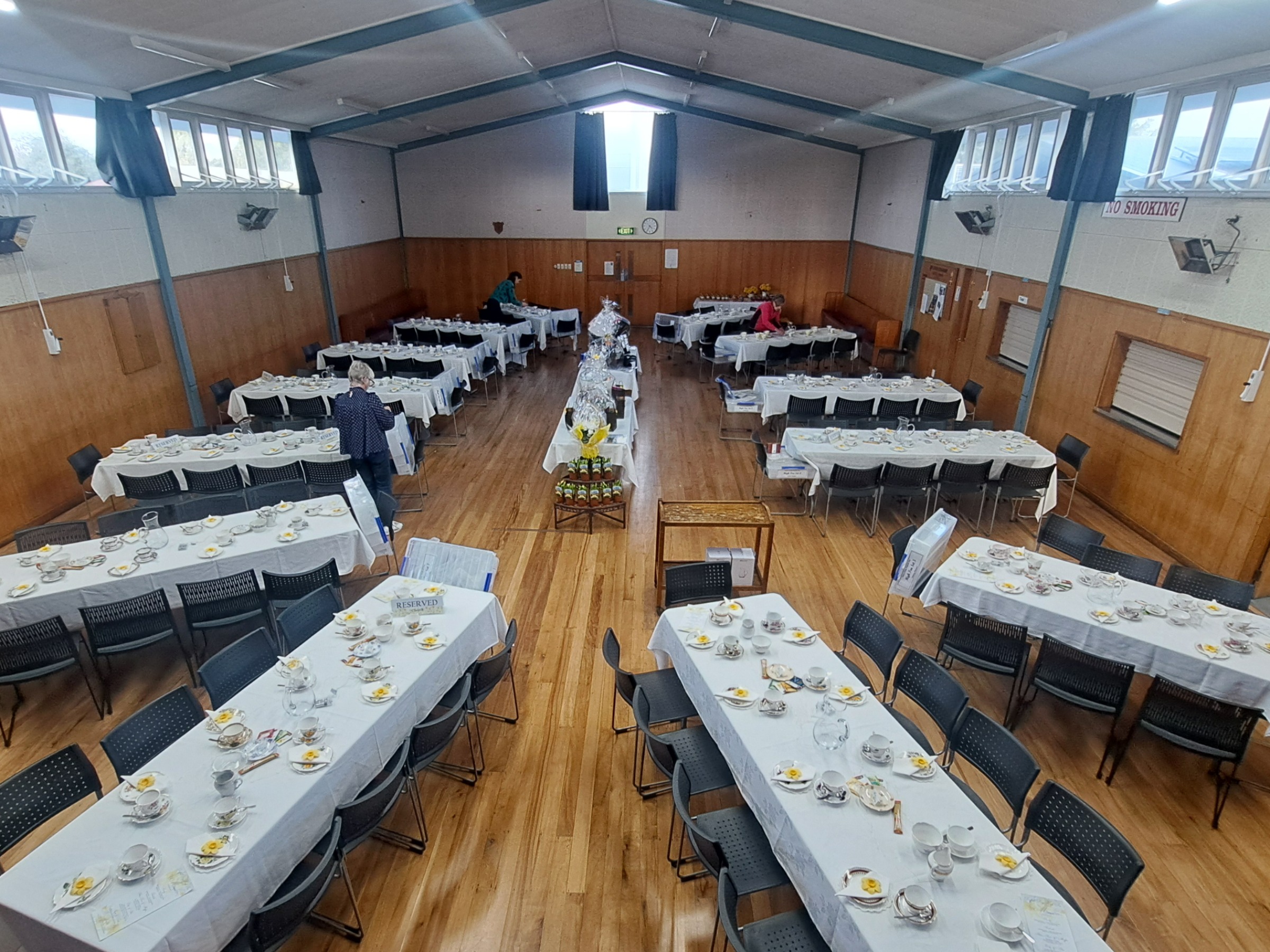 Hall set up for a high tea